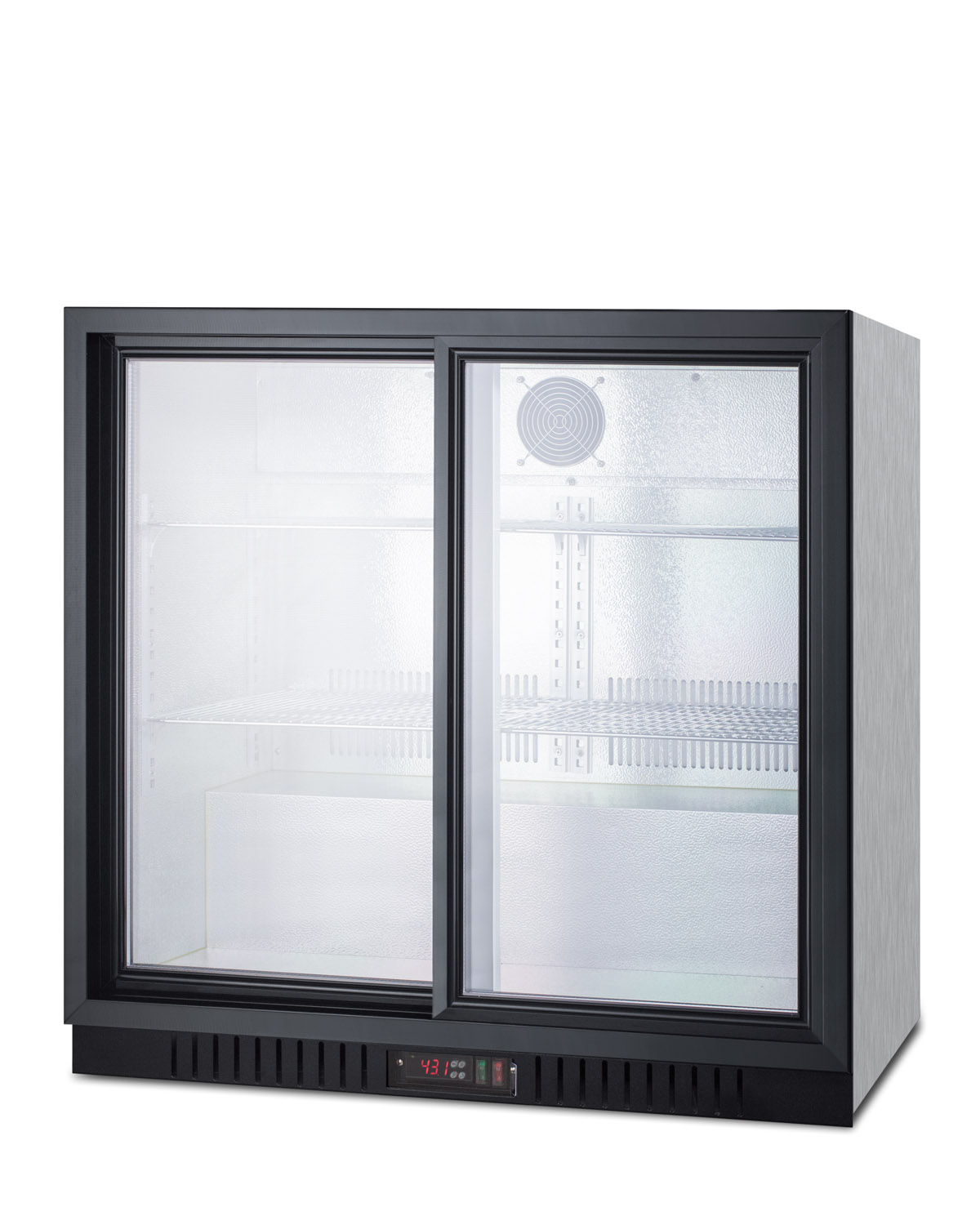 Commercial back bar beverage center for freestanding use, with sliding glass doors and stainless steel wrapped cabinet; replaces SCR700CSS